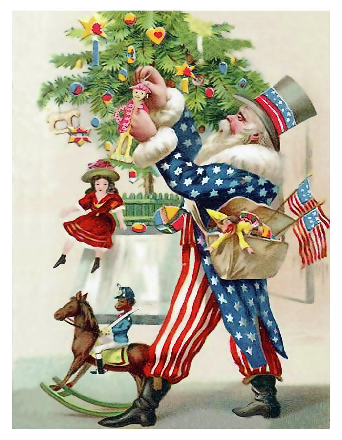Patriotic Santa Claus is decorating a Christmas tree Painting by Long Shot