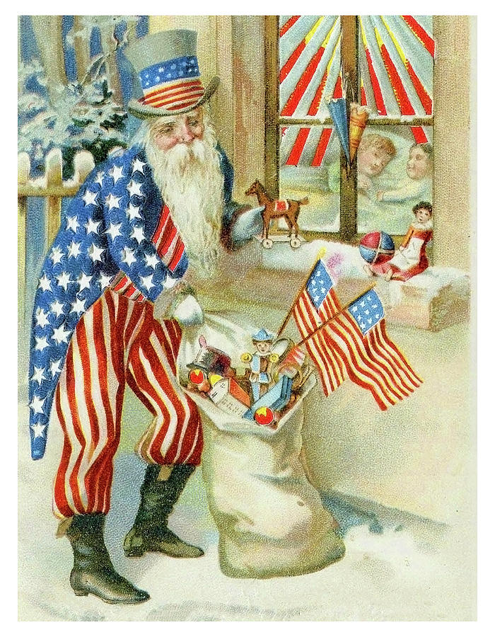 Patriotic Santa with gifts and flags Painting by Long Shot