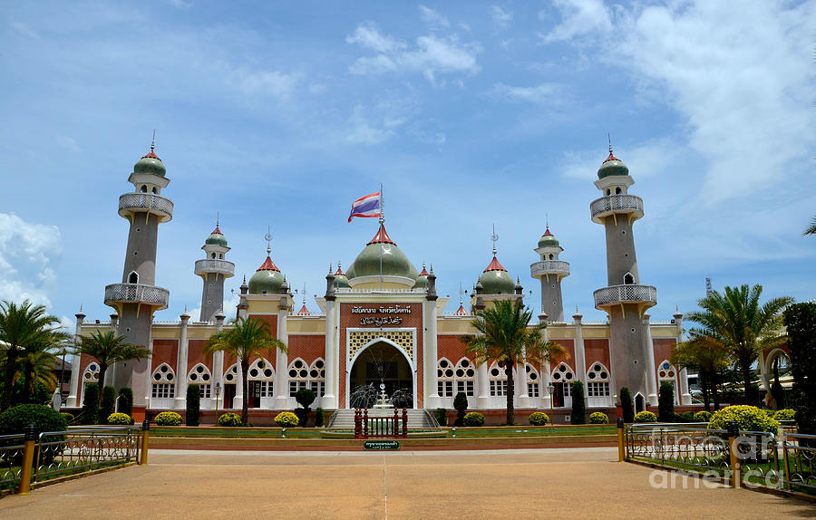 Pattani central mosque with pond minarets and Thai flag Thailand Photograph by Imran Ahmed