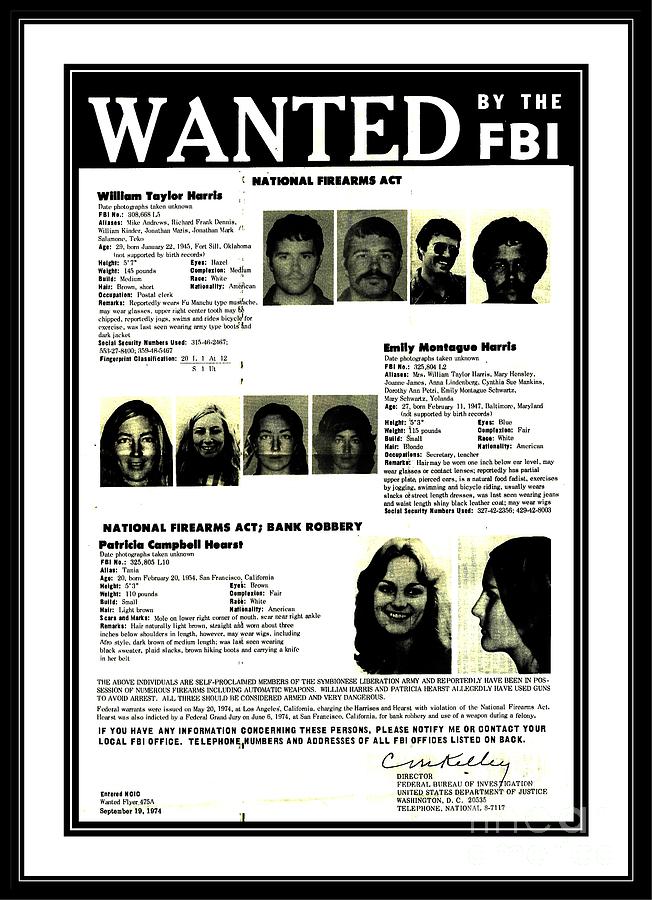 Patty Hearst Symbionese Liberation Army Wanted Poster September 1974 Drawing by Peter Ogden