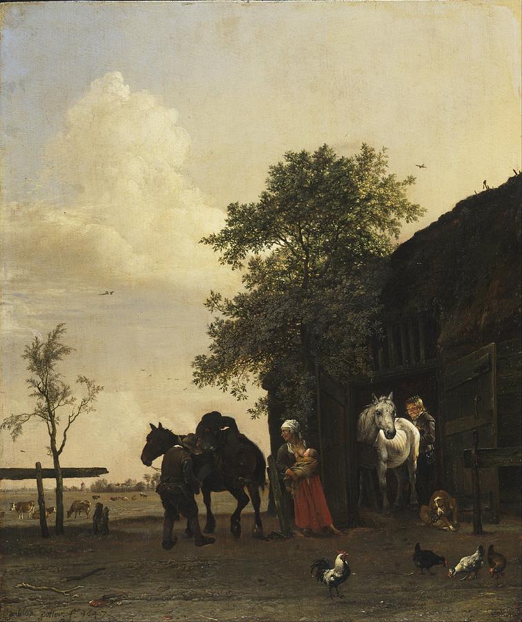 Paulus Potter paintings. Figures with Horses by a Stable 1647 Painting by Celestial Images