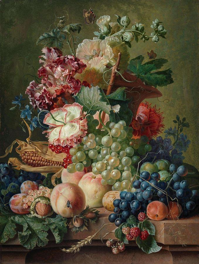 Paulus Theodorus van Brussel - Still life of flowers and fruit on a ...