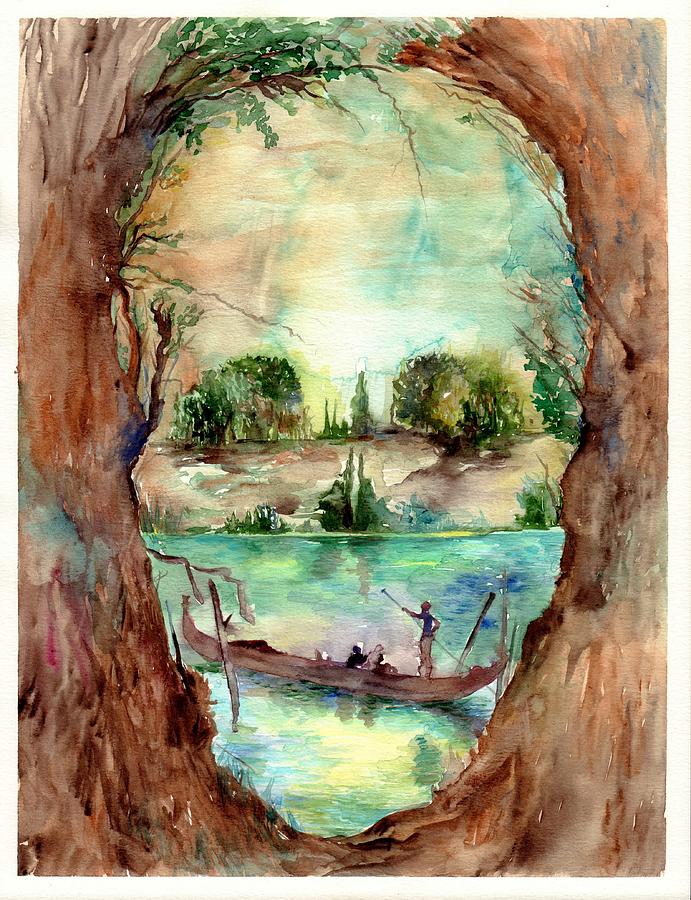 Skull Painting - Paysage with a boat by Suzann Sines Skull Painting - Paysage with a boat by Suzann Sines