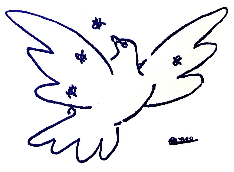 Peace Dove Serigraph in Blue as a tribute to Pablo Picassos Lithograph of Love Bird with Flowers Painting by M Zimmerman