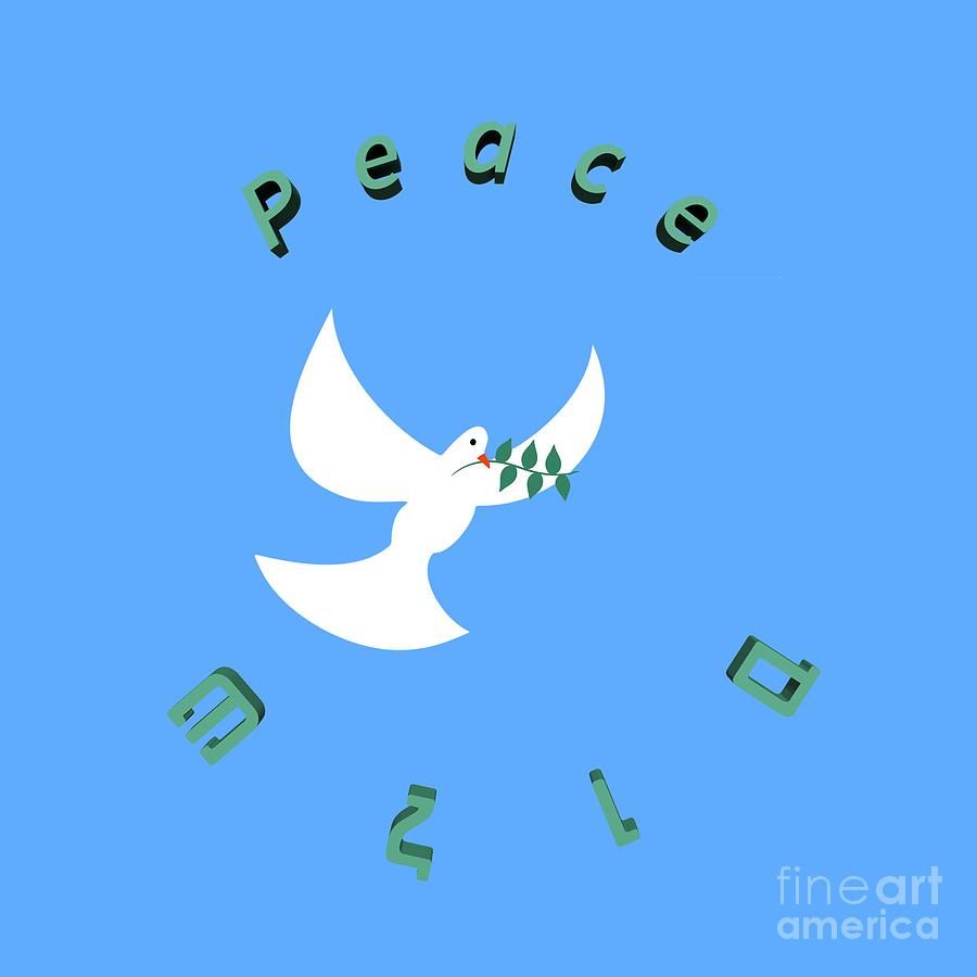 Peace in English and Hebrew with white dove and olive leaf  Digital Art by Ilan Rosen