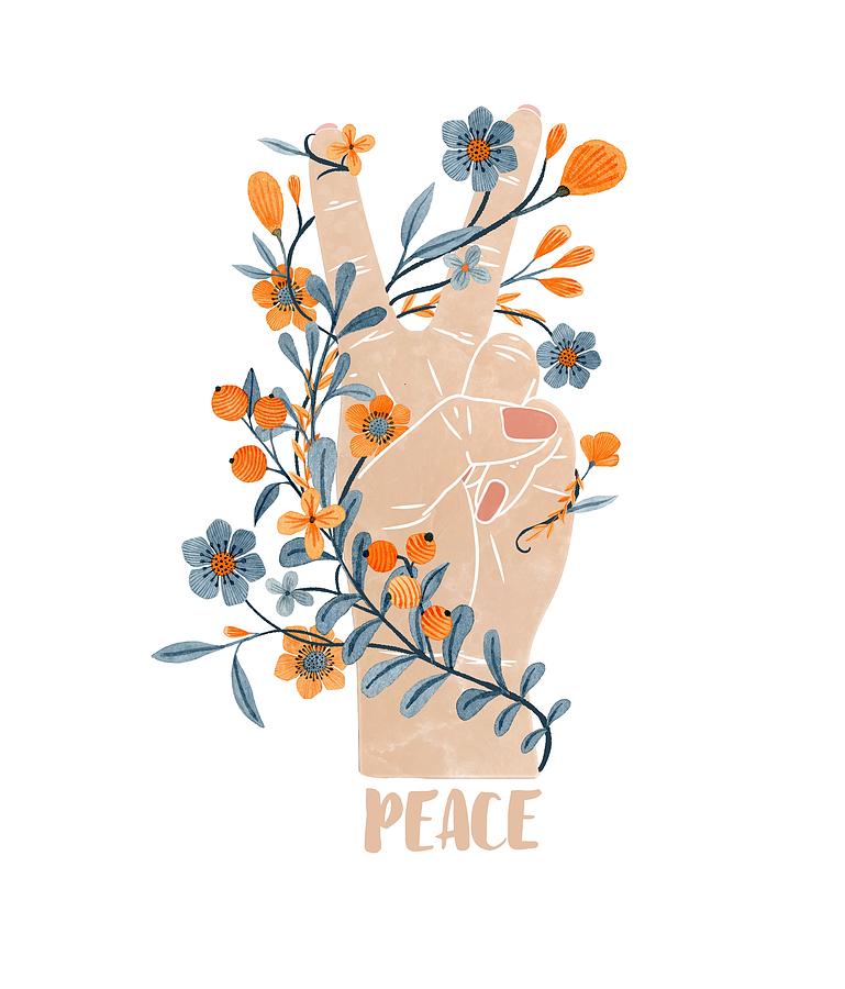 Flower Painting - Peace Sign With Orange Flowers, Blue Flowers And Vines by Little Bunny Sunshine