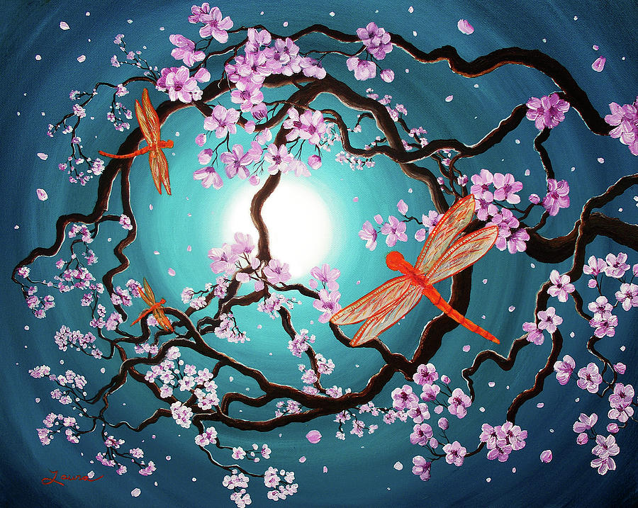 Fantasy Painting - Peace Tree with Orange Dragonflies by Laura Iverson
