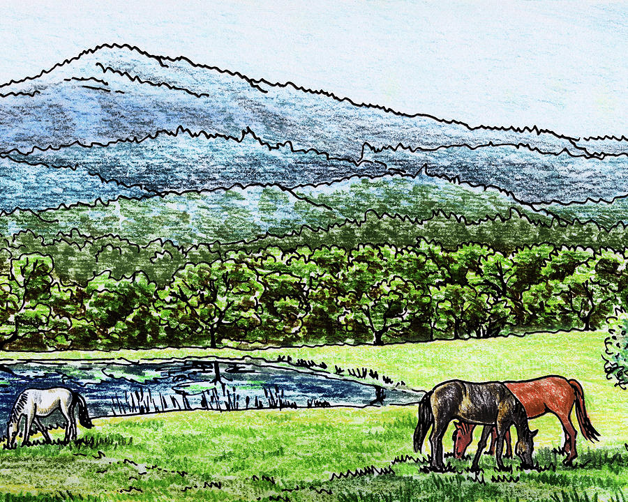 Peaceful Mountain Range With Grazing Horses Painting by Irina Sztukowski