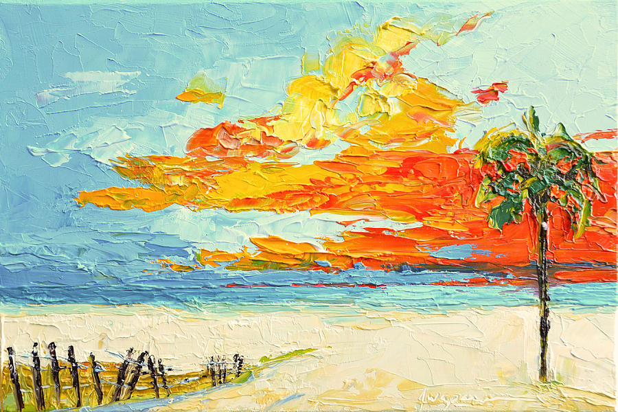 Peaceful Sunset at the Beach - Modern Impressionist Knife Palette Oil Painting Painting by Patricia Awapara