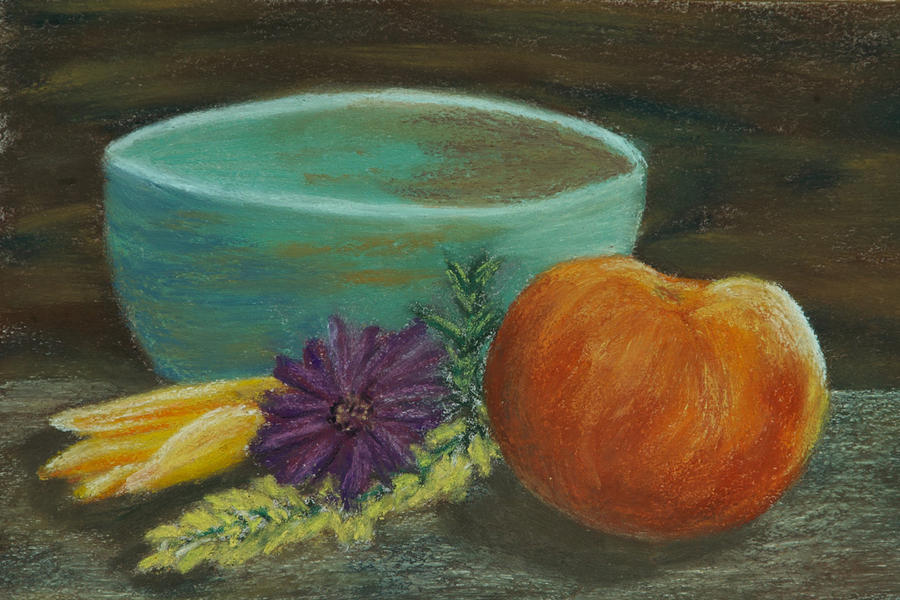 Peach Drawing - Peach and Pottery by Cheryl Albert
