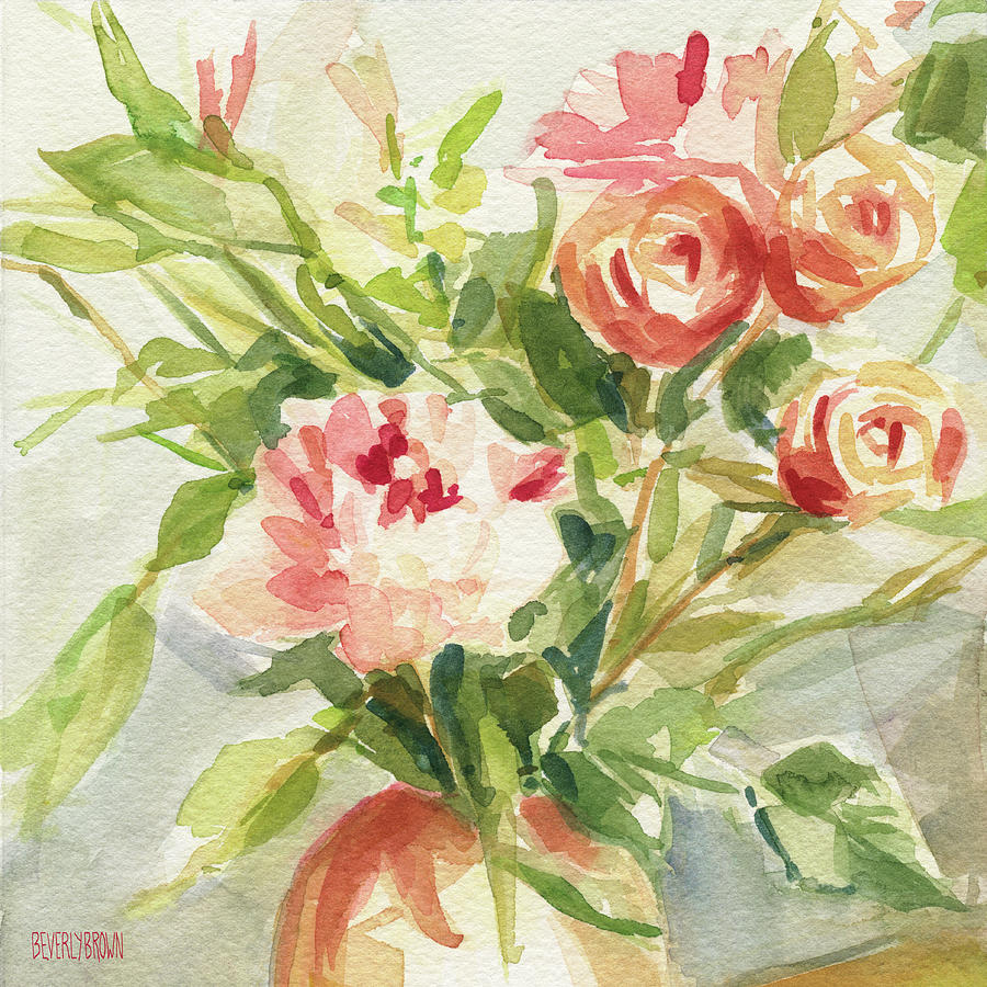 Peach and Yellow Carnations and Roses Painting by Beverly Brown