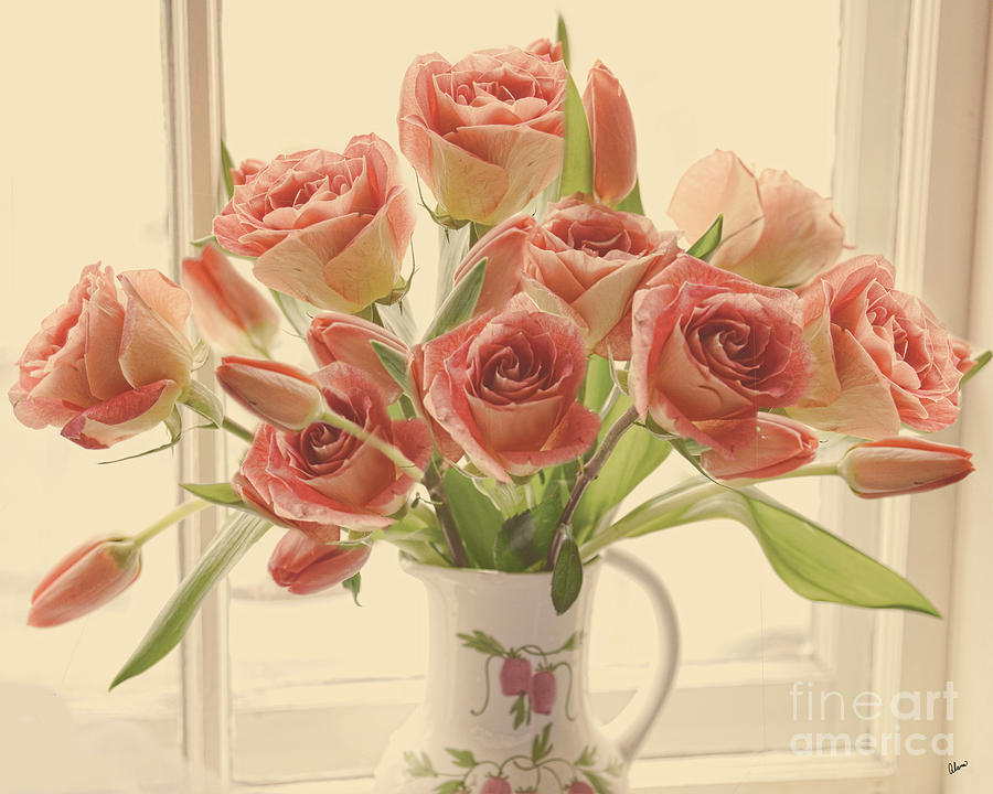 Peach Roses And Tulips Photograph