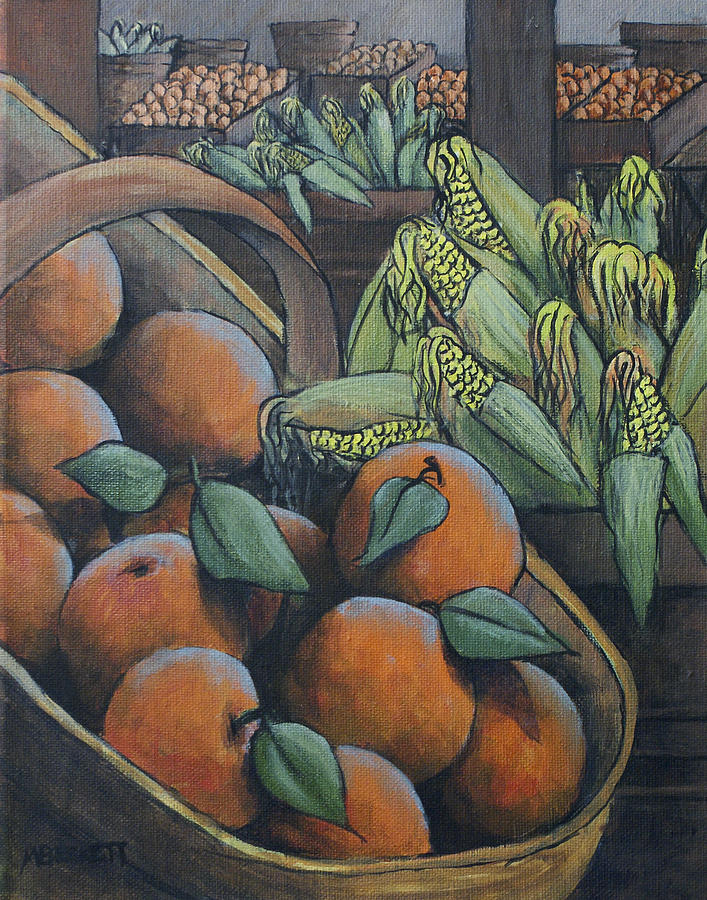 Peach Painting - Peaches and Corn by Michael Beckett