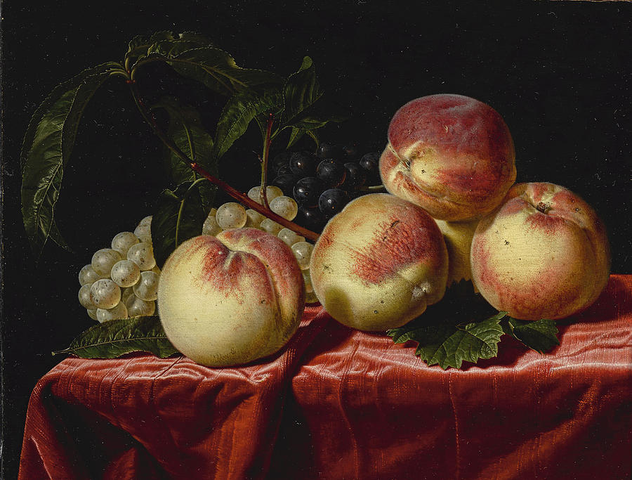 Peaches and Grapes on a Table draped with a Red Cloth Painting by Charlotte Vignon