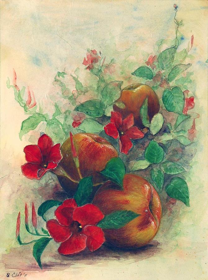 Peaches and Mandevilla Painting by Sandy Clift