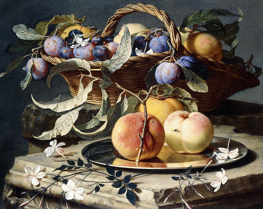 Peaches and Plums in a Wicker Basket, Peaches on a Silver Dish and Narcissi on Stone Plinths Painting by Christian Berentz