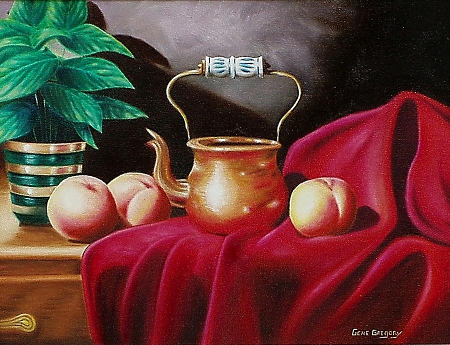 Peaches and pot Painting by Gene Gregory