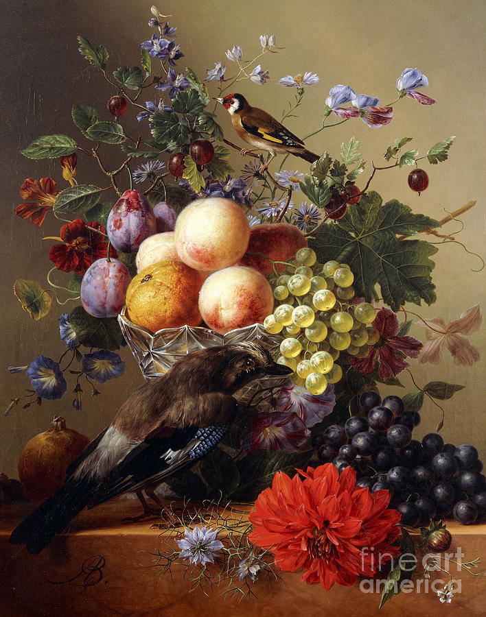 Peach Painting - Peaches, Grapes, Plums and Flowers in a Glass vase with a Jay on a Ledge by Arnoldus Bloemers