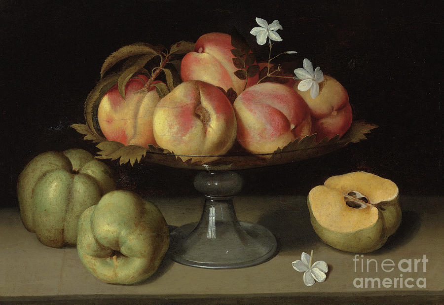 Peaches in a glass bowl, apples and jasmine flowers Painting by Fede Galizia