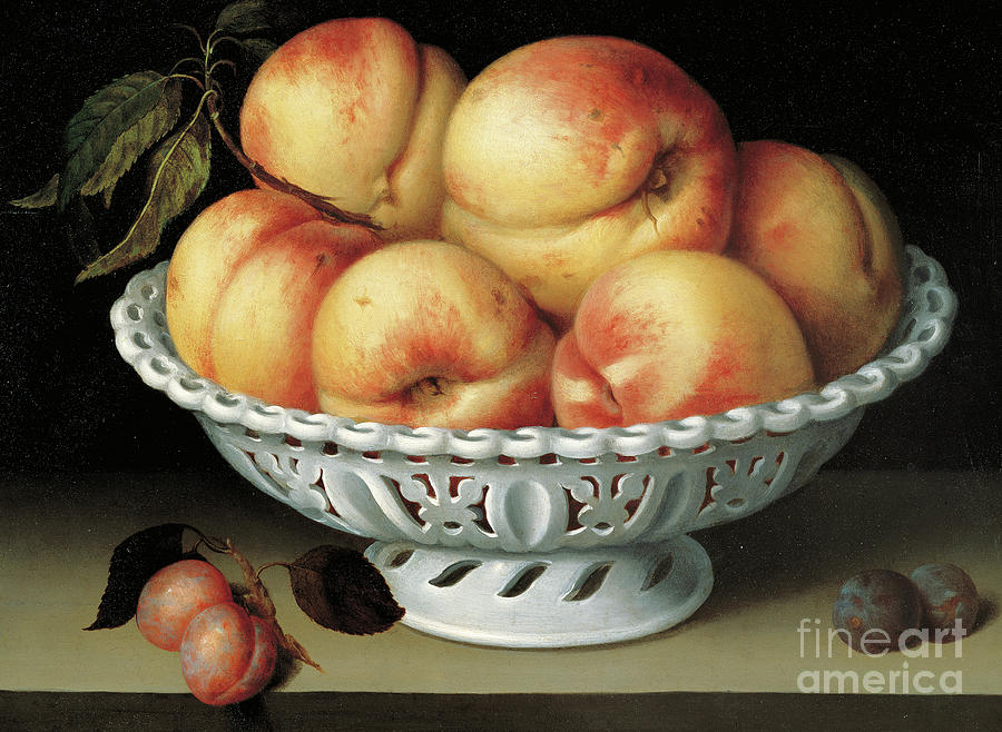 Peaches in a pierced white faience basket  Painting by Fede Galizia