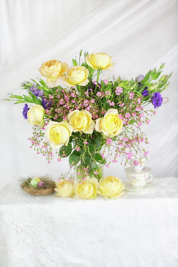 Peachy Yellow Roses and Lisianthus Bouquet Photograph by Susan Gary