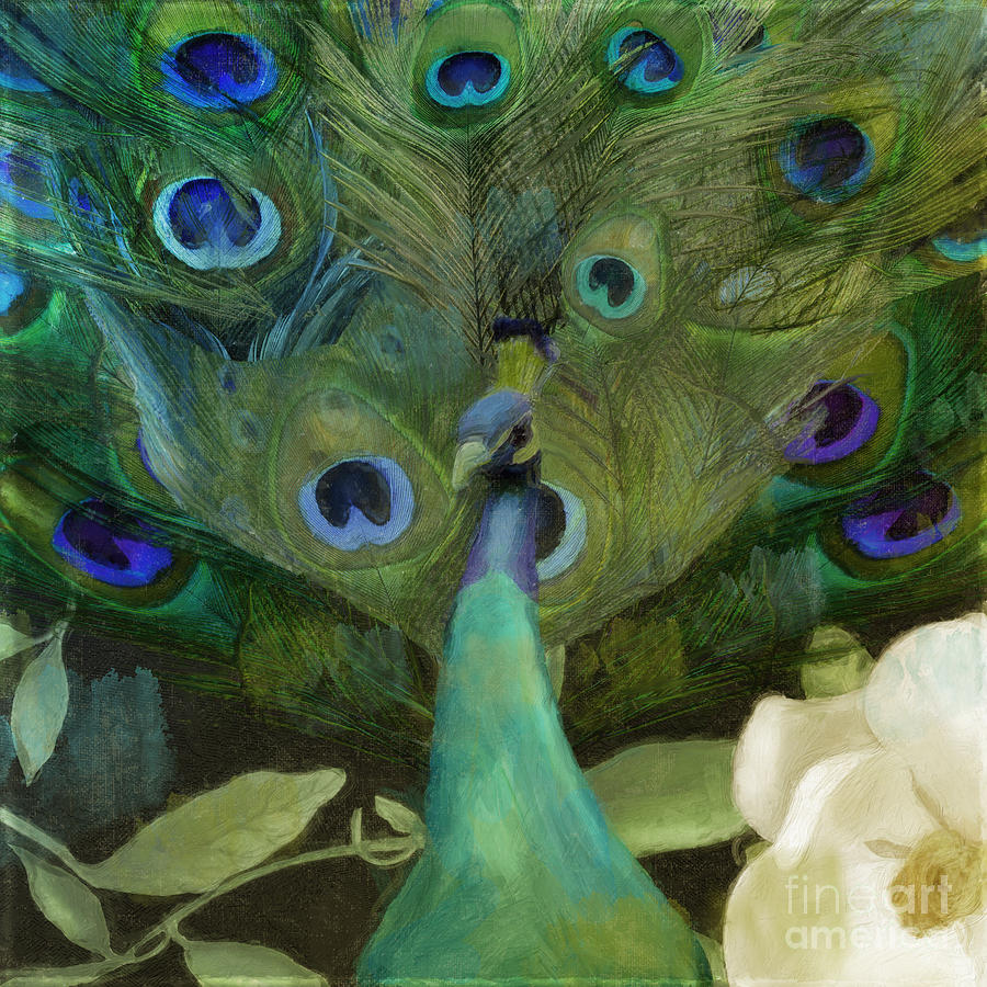 Magnolia Movie Painting - Peacock and Magnolia I by Mindy Sommers