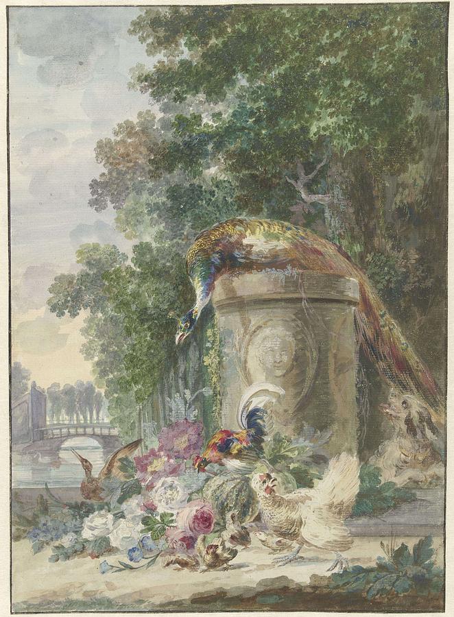 Nature Painting - Peacock and Poultry in a Park, Chased by a Dog, Arie Lamme, c. 1775 - c. 1800 by Arie Lamme Nature Painting - Peacock and Poultry in a Park, Chased by a Dog, Arie Lamme, c. 1775 - c. 1800 by Arie Lamme