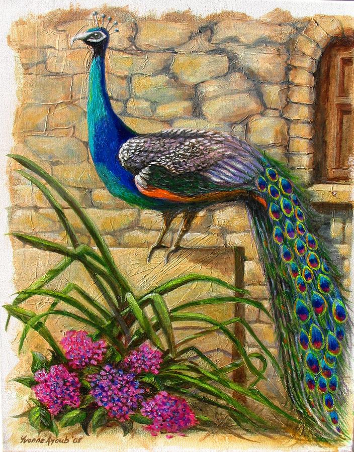 Peacock Painting - Peacock at Evangelistria by Yvonne Ayoub