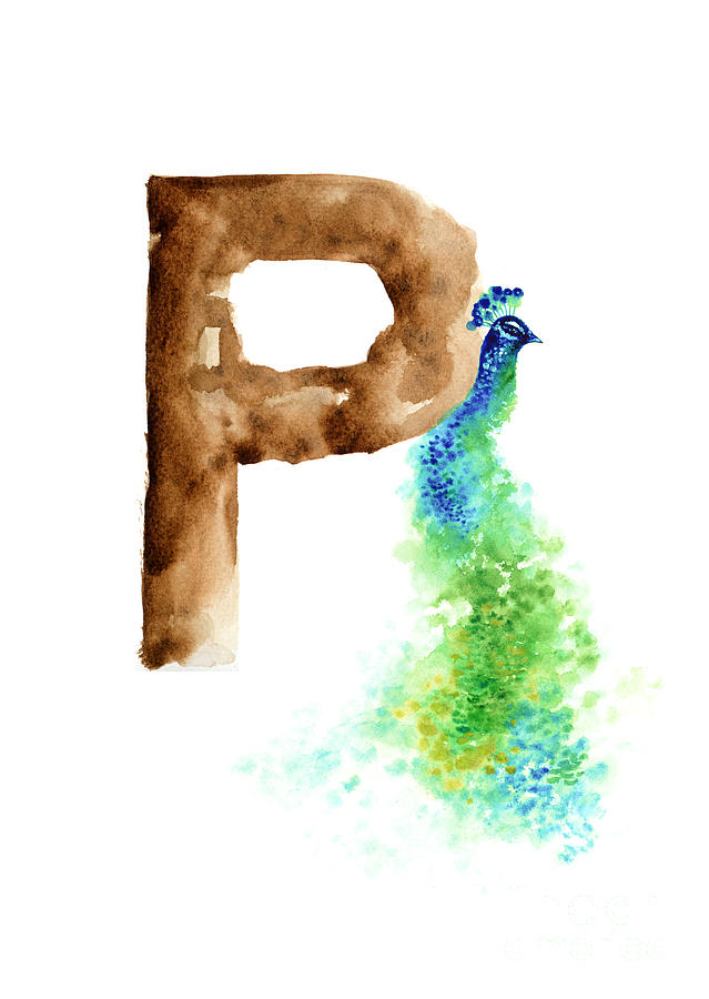Peacock Painting - Peacock watercolor alphabet poster by Joanna Szmerdt