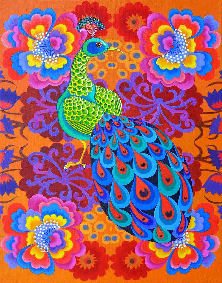 Peacock Painting - Peacock with flowers by Jane Tattersfield