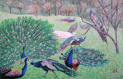 Blue Birds Painting - Peacocks by Komi Chen Blue Birds Painting - Peacocks by Komi Chen