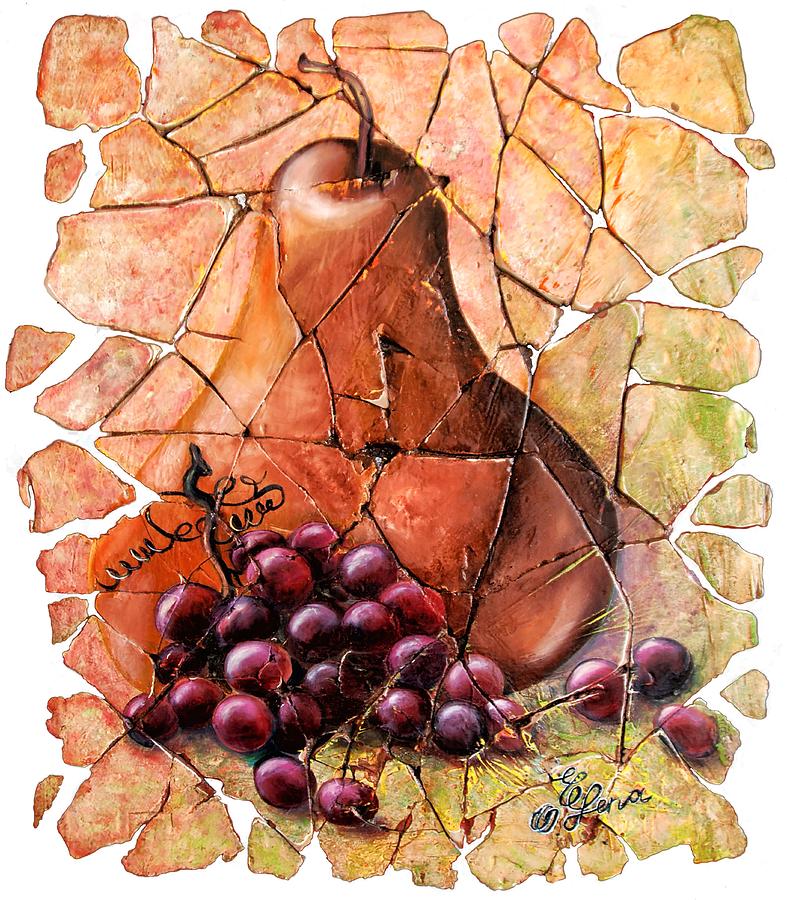 Pear and Grapes Fresco Painting by Lena Owens - OLena Art Vibrant Palette Knife and Graphic Design
