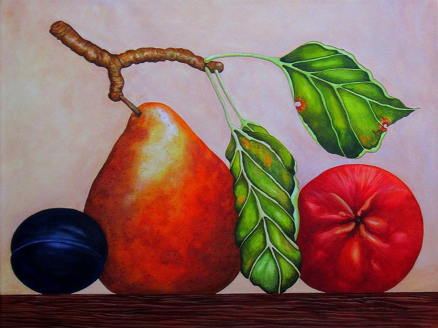 Still Life Painting - Pear, Plum, Apple II by Carol Sabo