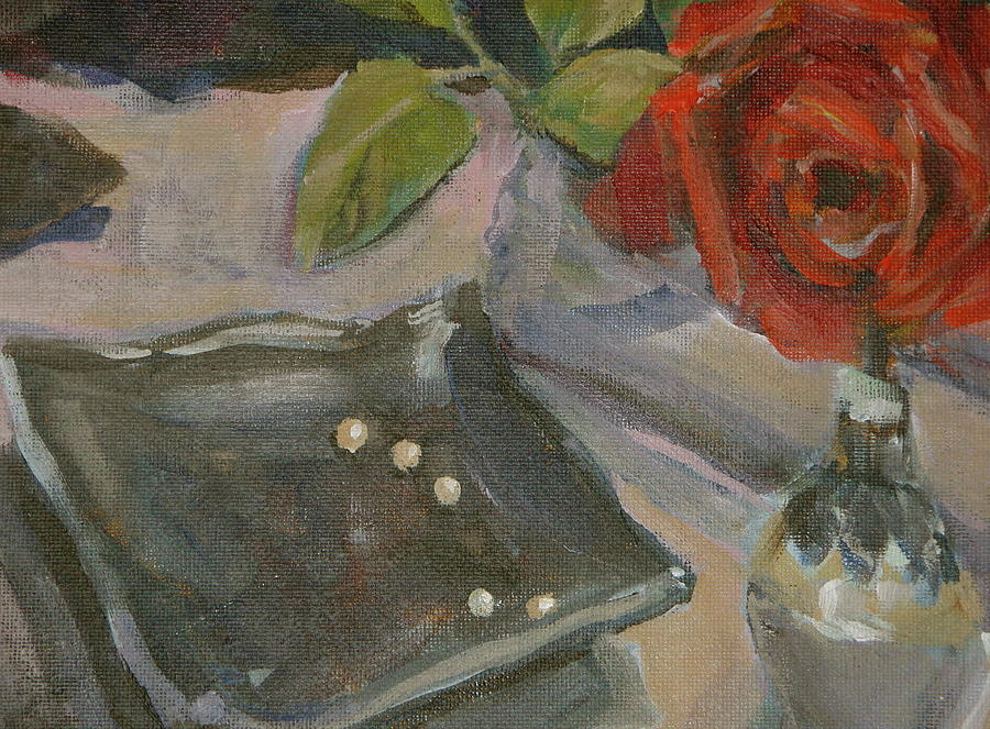 Pearls and a red Rose on a dresser Painting by Walt Maes