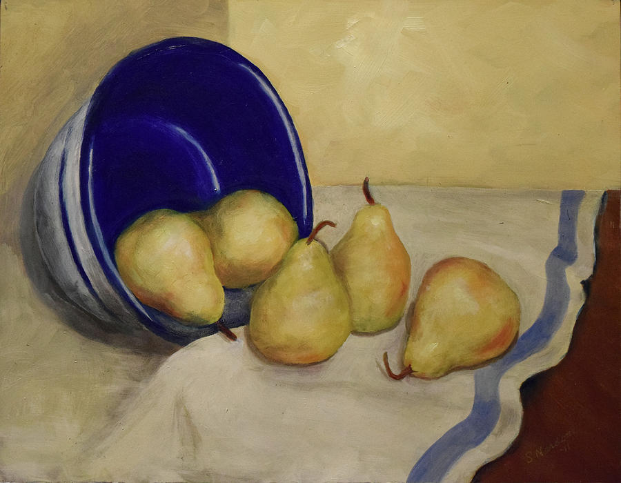 Pears and Blue Bowl Painting by Sandra Nardone