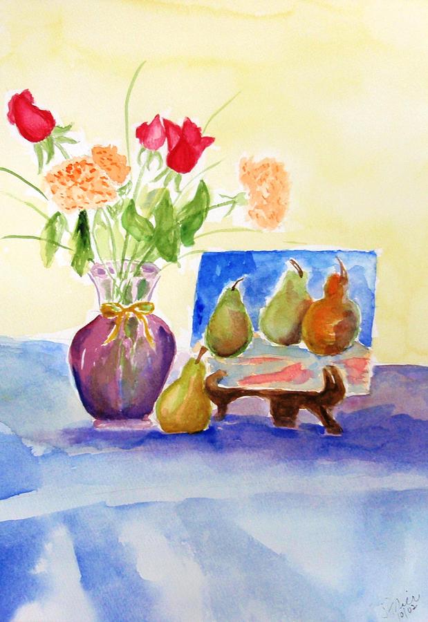 Pears and Flowers Painting by Jamie Frier