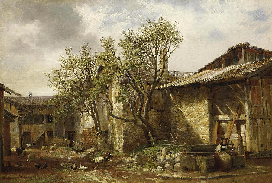 Peasant and farm with animals Painting by Alexandre Calame