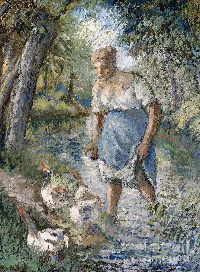 Camille Pissarro Painting - Peasant Crossing a Stream by Camille Pissarro
