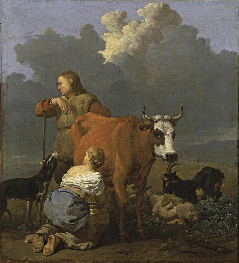 Peasant Girl Milking a Cow  Painting by Karel Dujardin