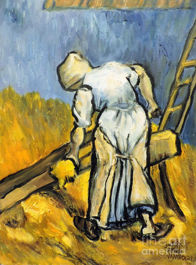 after Vincent Van Gogh-Peasant Woman Cutting Wheat Painting by Jodie Marie Anne Richardson Traugott          aka jm-ART