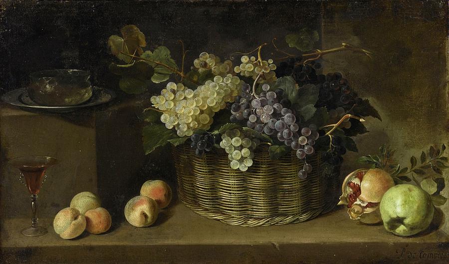 Pedro de Camprobin y Passano STILL LIFE WITH A BASKET OF GRAPES, PEACHES, AN APPLE, A POMEGRANATE, A Painting by Pedro de