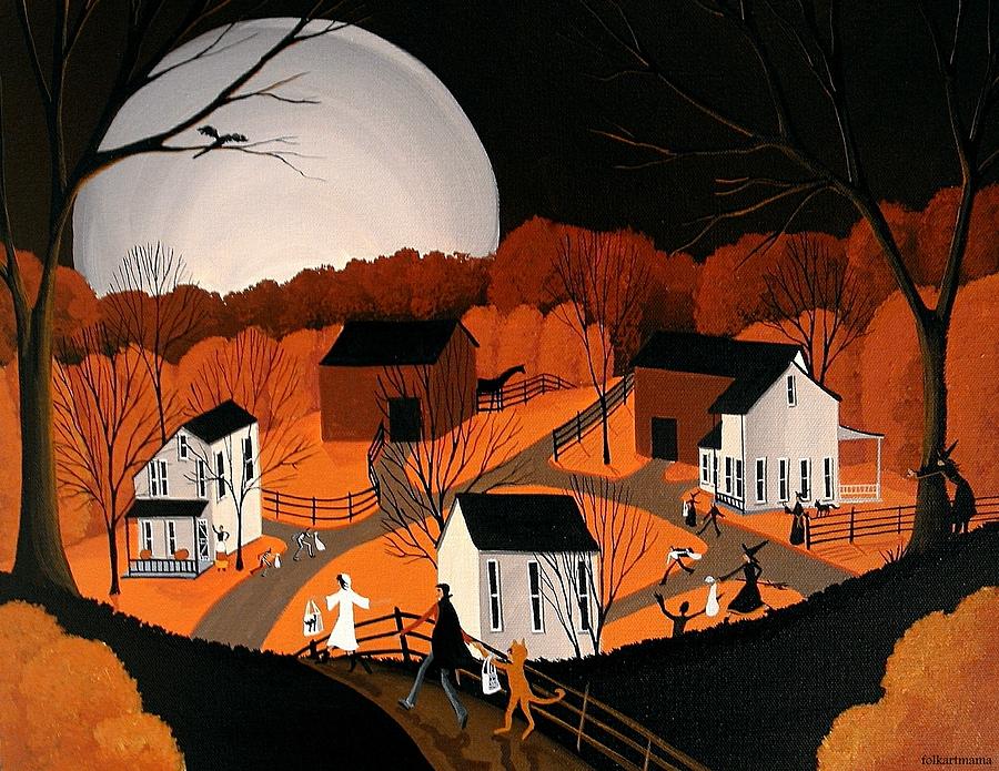 Peek A Boo Witch - A folk art landscape - artist folkartmama Painting by Debbie Criswell
