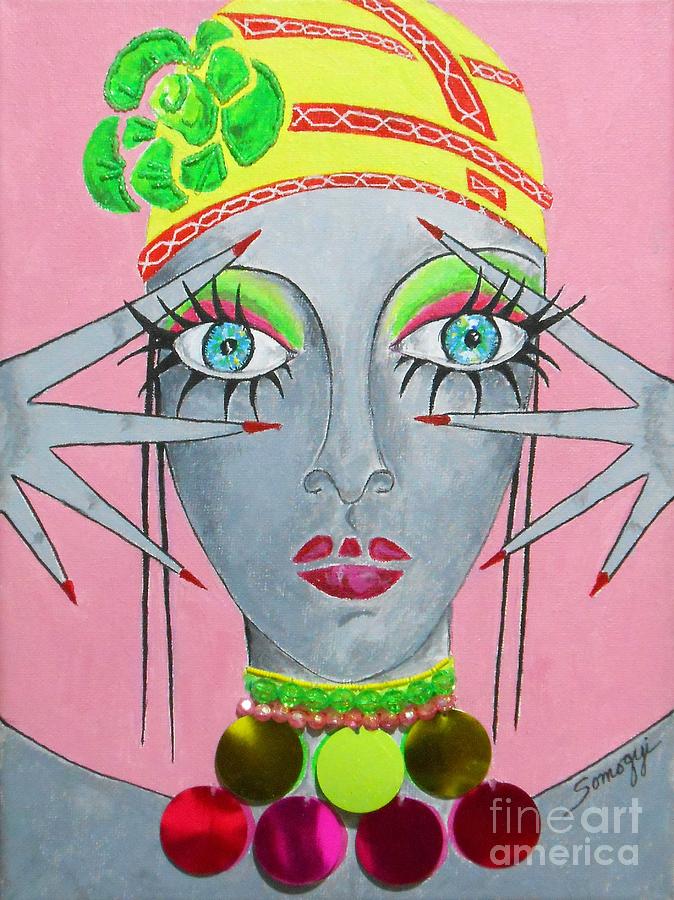 Peek-a-boo on Pink -- Whimsical Portrait of a Belly Dancer Painting by Jayne Somogy