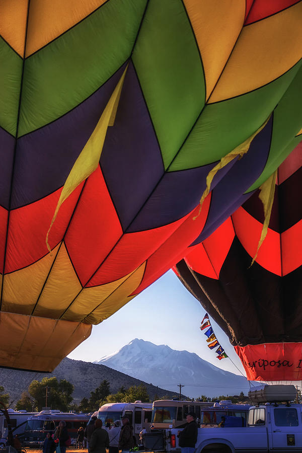 Peeking Through   Mt. Shasta peeking through hot air balloons Photograph by Marnie Patchett