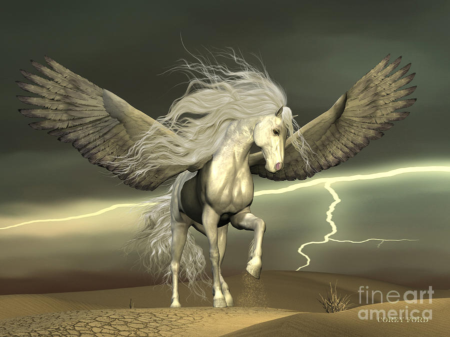 Pegasus and Dark Skies Painting by Corey Ford