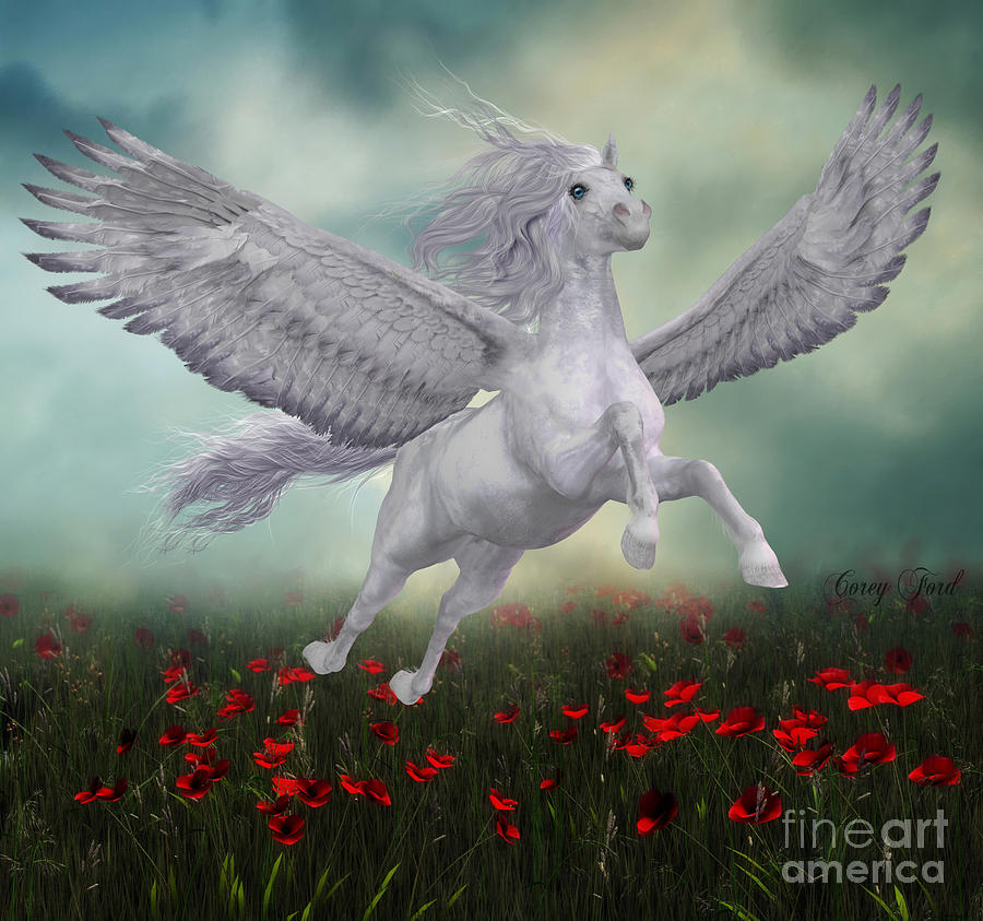 Pegasus and Red Poppies Painting by Corey Ford