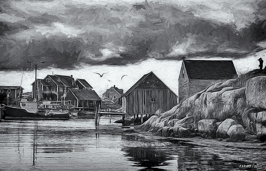Peggys Cove in Black and White Digital Art by Ken Morris
