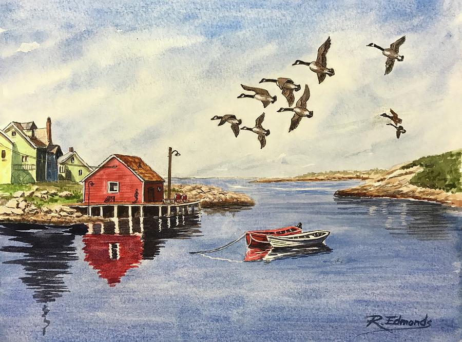 Peggy's Cove Painting - Peggys Cove with Geese by Raymond Edmonds