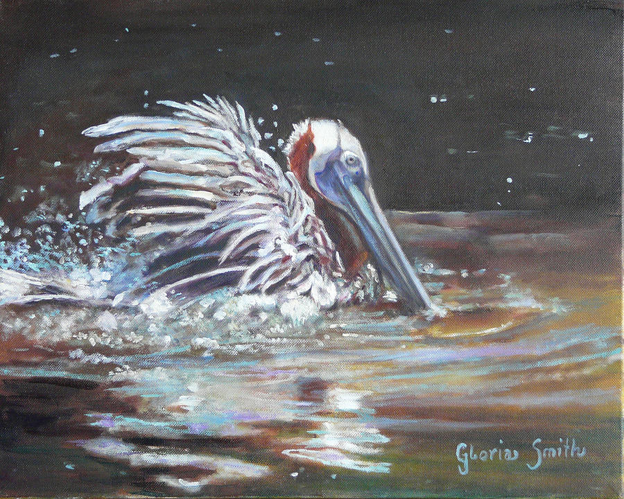 Pelican Bathing Painting by Gloria Smith