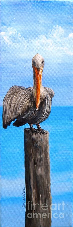 Pelican on Pier Painting by JoAnn Wheeler